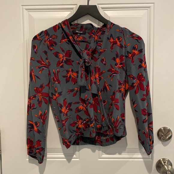 Madewell Silk Tie Neck Wrap Top in Winter Orchid Multi Green Size XS - Picture 6 of 6